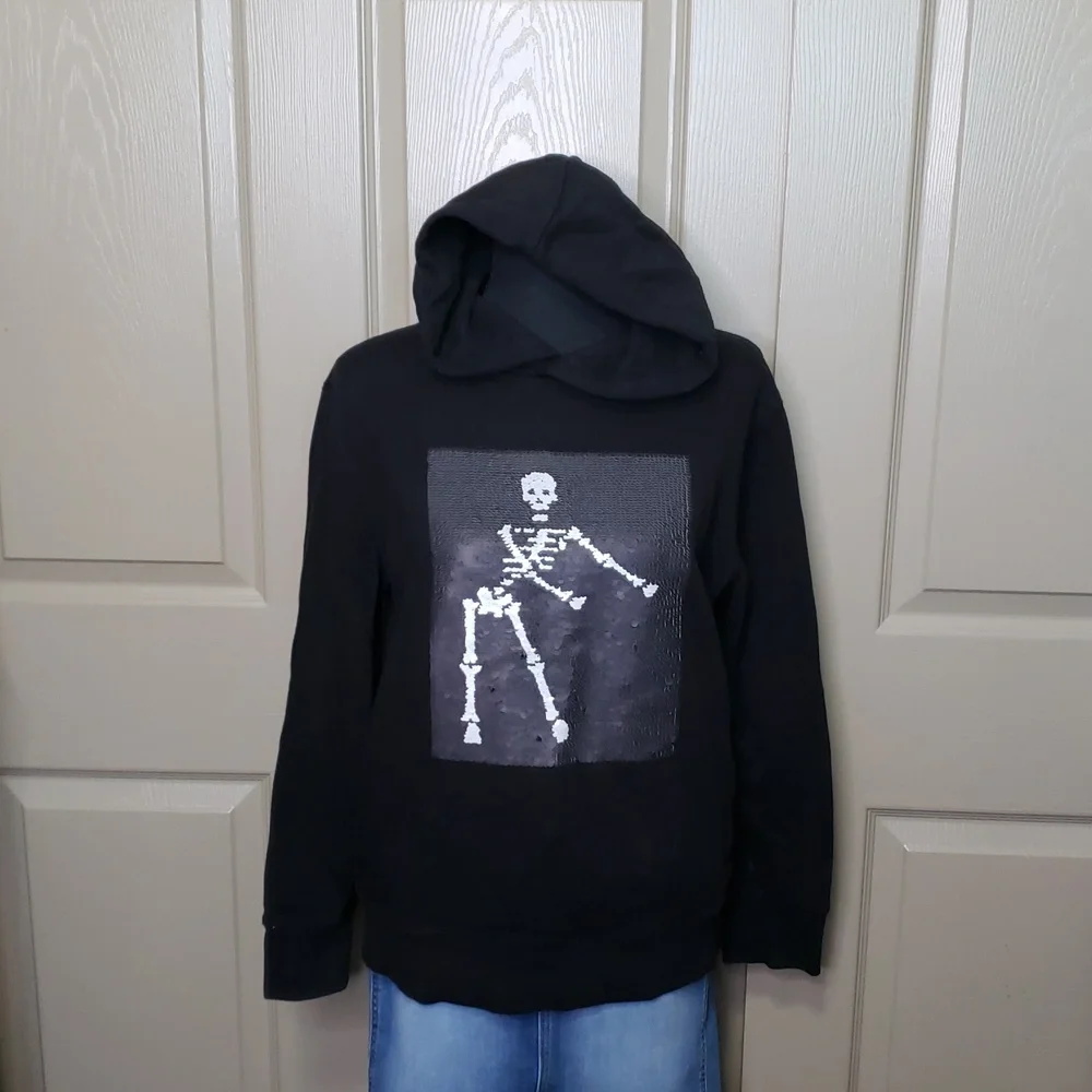 GAP Kids Black Sequin Reversible Skeleton Hoodie Size XXL Halloween